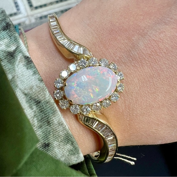14k Yellow Gold Opal & Diamond Bangle Bracelet - Picture 12 of 12
